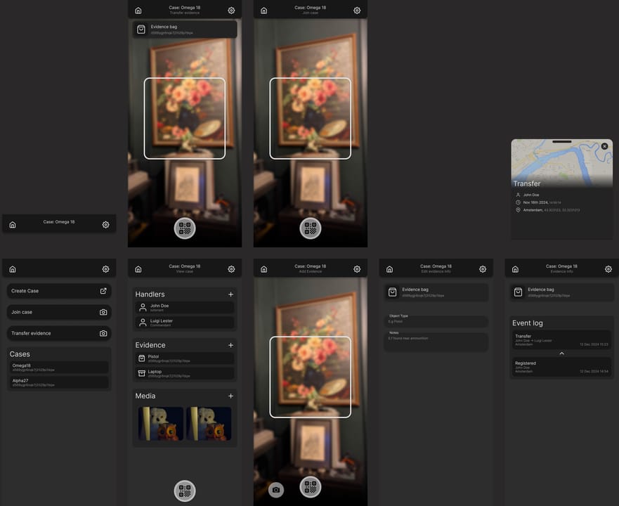 A design document of a mobile app interface for managing evidence in a case. Screens show options to create, join, and transfer cases, view handlers, evidence, and media. Some screens feature a QR code scanner over an image, while others display transfer details with a map, timestamps, and an event log tracking evidence movements.
